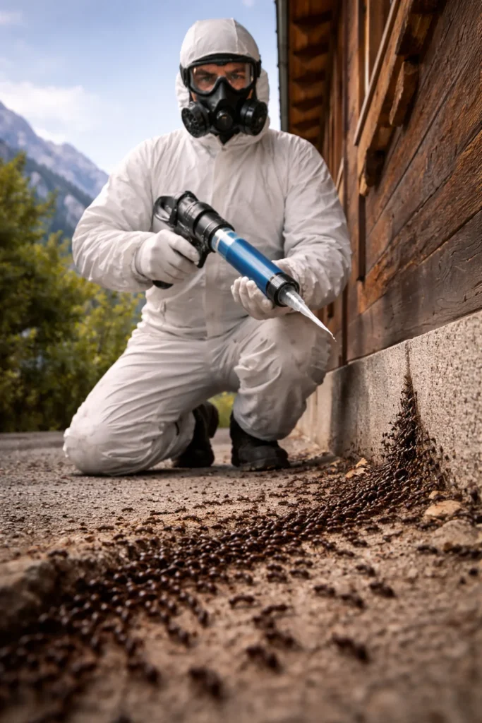 Technicien anti-pestes devant un chalet